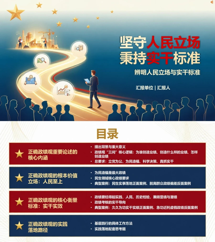 解读政绩观重要论述PPT：辨明人民立场与实干标准｜课件+讲稿封面图1
