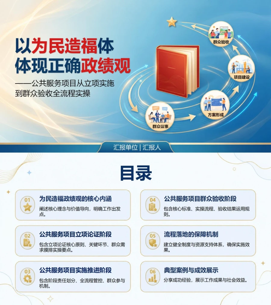 以为民造福体现政绩观PPT：公共服务项目的立项实施和群众验收｜课件+讲稿封面图1