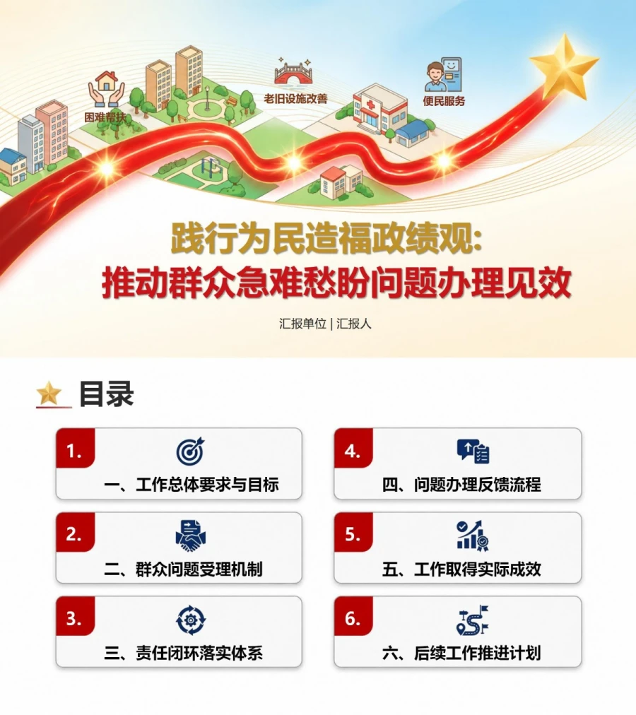 践行为民造福政绩观PPT：推动急难愁盼问题办理见效｜课件+讲稿封面图1