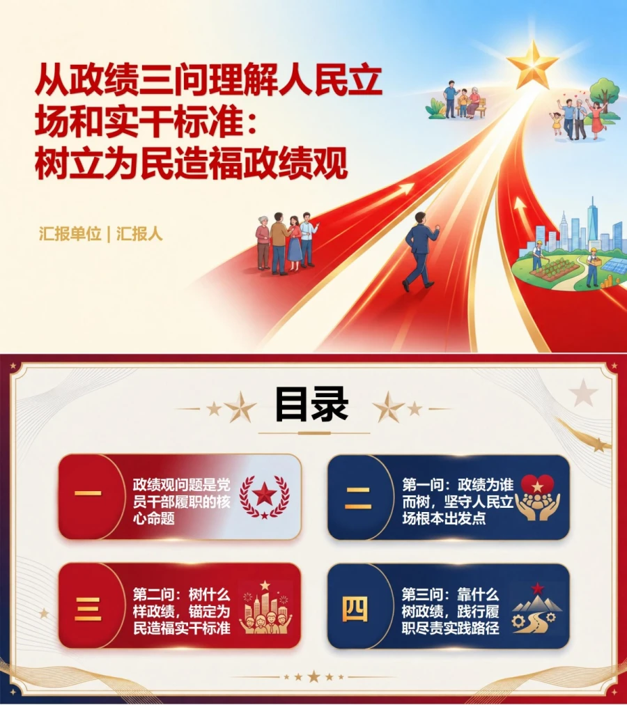 为民造福正确政绩观PPT：从政绩三问理解人民立场和实干标准｜课件+讲稿封面图1