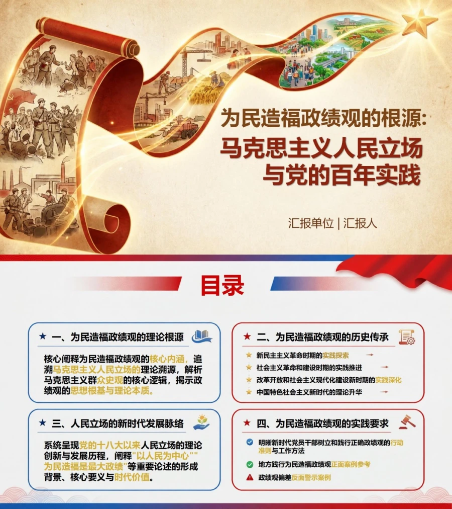 为民造福政绩观根源PPT：马克思主义人民立场和党的百年实践｜课件+讲稿封面图1