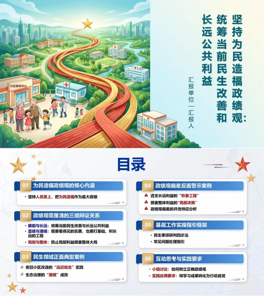 坚持为民造福政绩观PPT：统筹当前民生改善和长远公共利益｜课件+讲稿封面图1