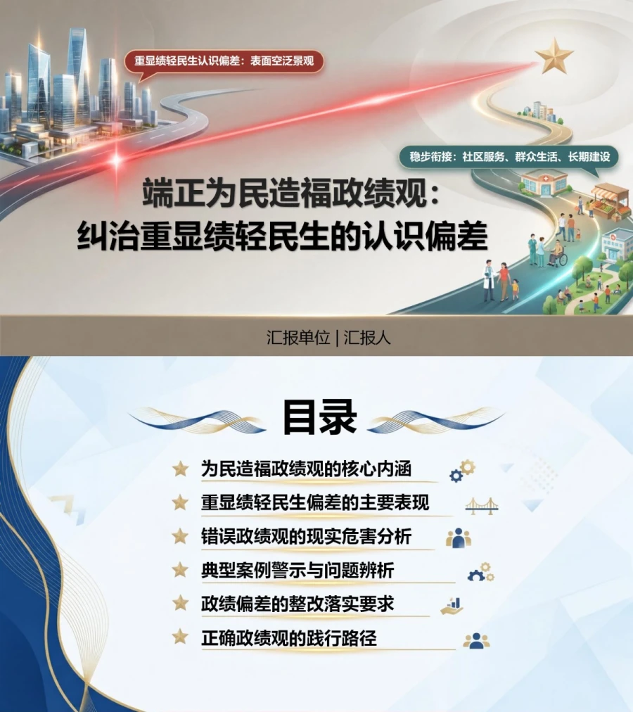 端正为民造福政绩观PPT：纠治重显绩轻民生的认识偏差｜课件+讲稿封面图1