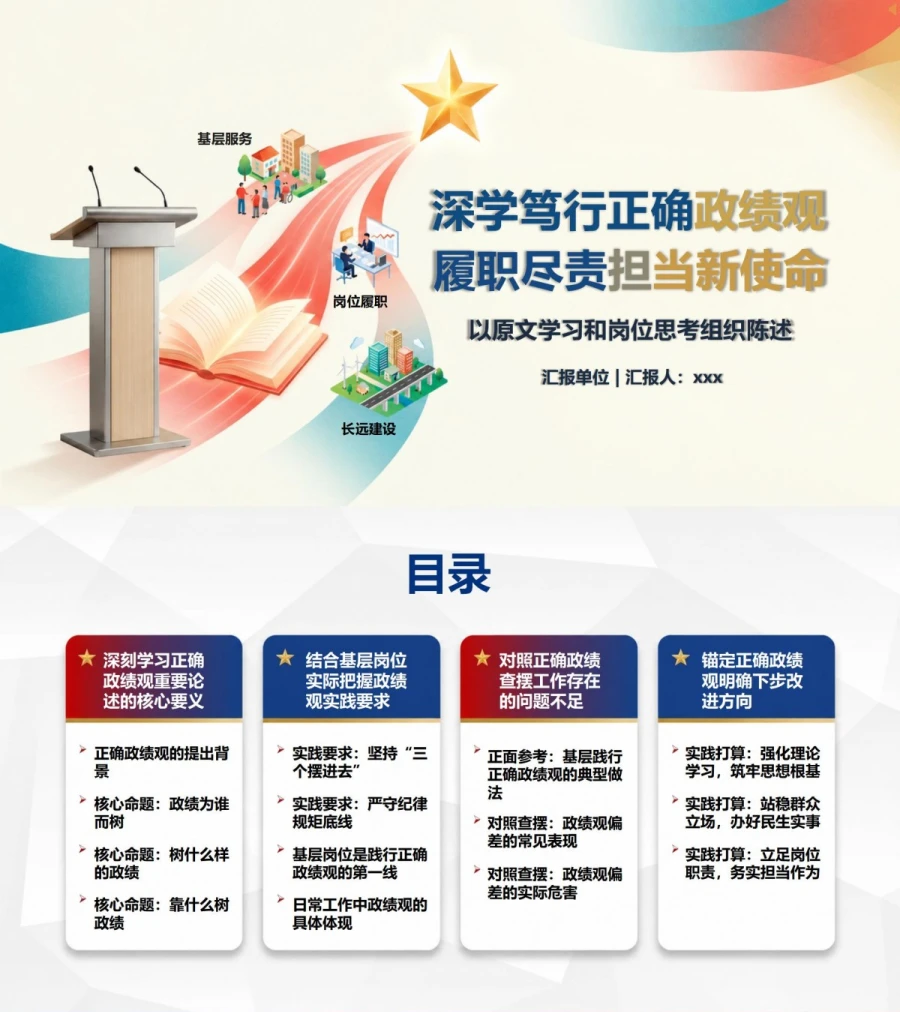 政绩观重要论述发言PPT：以原文学习和岗位思考组织陈述｜课件+讲稿封面图1