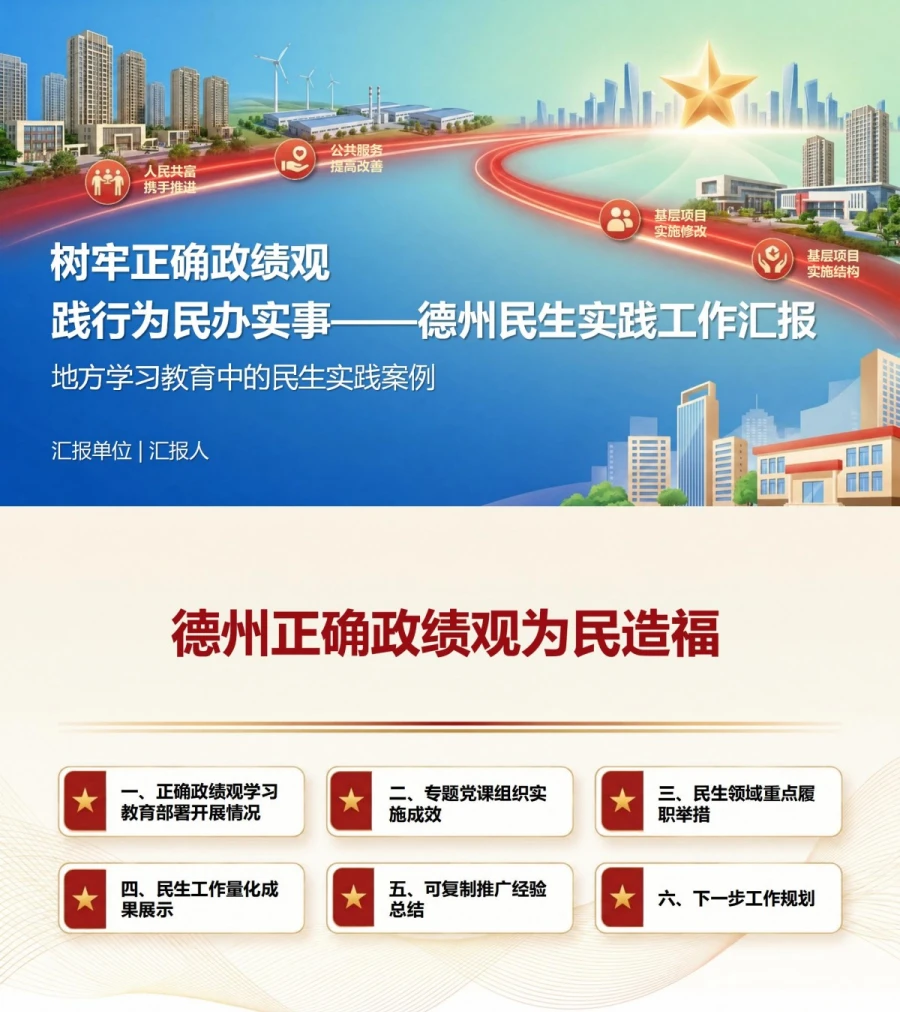 德州正确政绩观为民造福PPT：地方学习教育中的民生实践案例｜课件+讲稿封面图1