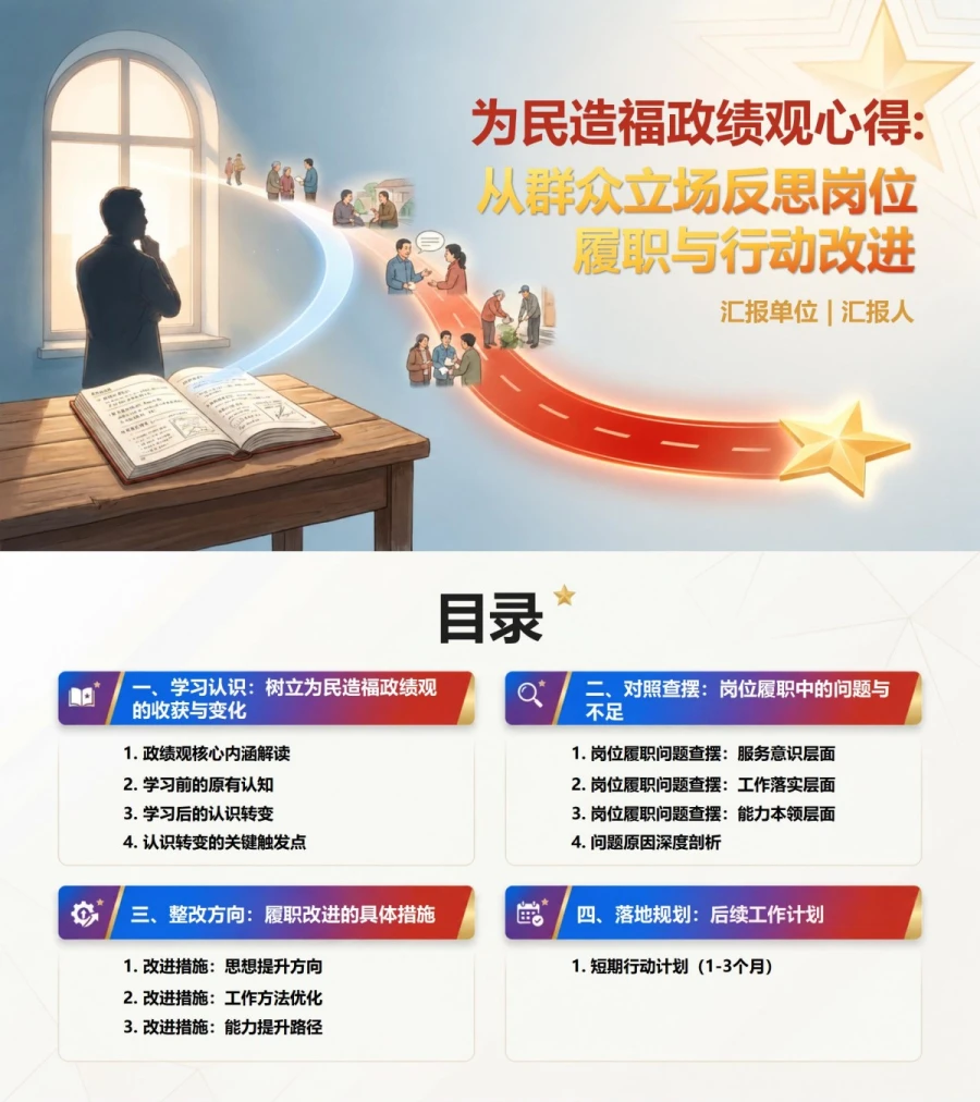 为民造福政绩观心得PPT：从群众立场反思岗位履职和行动改进｜课件+讲稿封面图1