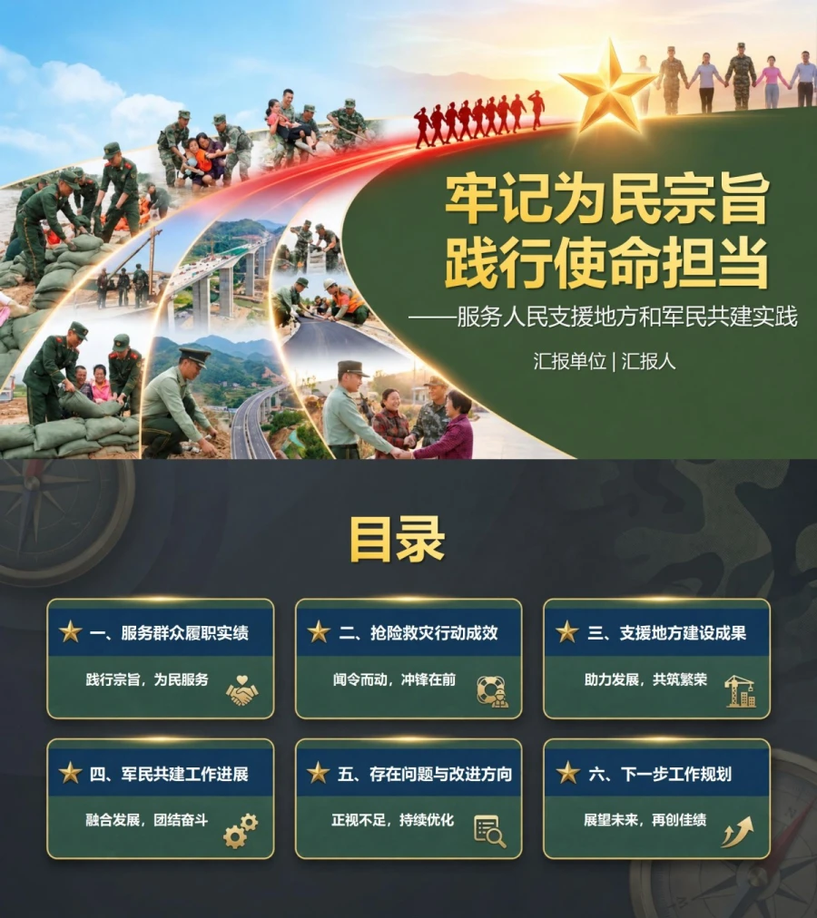部队为民造福政绩观PPT：服务人民支援地方和军民共建实践｜课件+讲稿封面图1