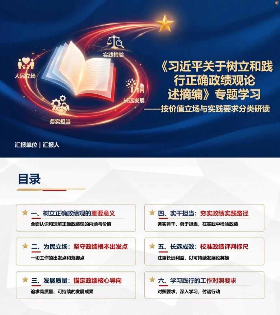 政绩观重要论述摘编PPT：按价值立场和实践要求分类研读｜课件+讲稿封面图1