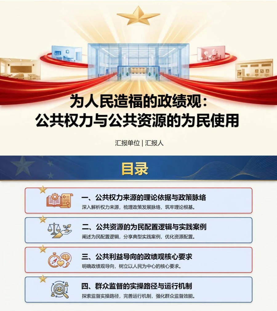 为人民造福的政绩观PPT：公共权力和公共资源的为民使用｜课件+讲稿封面图1