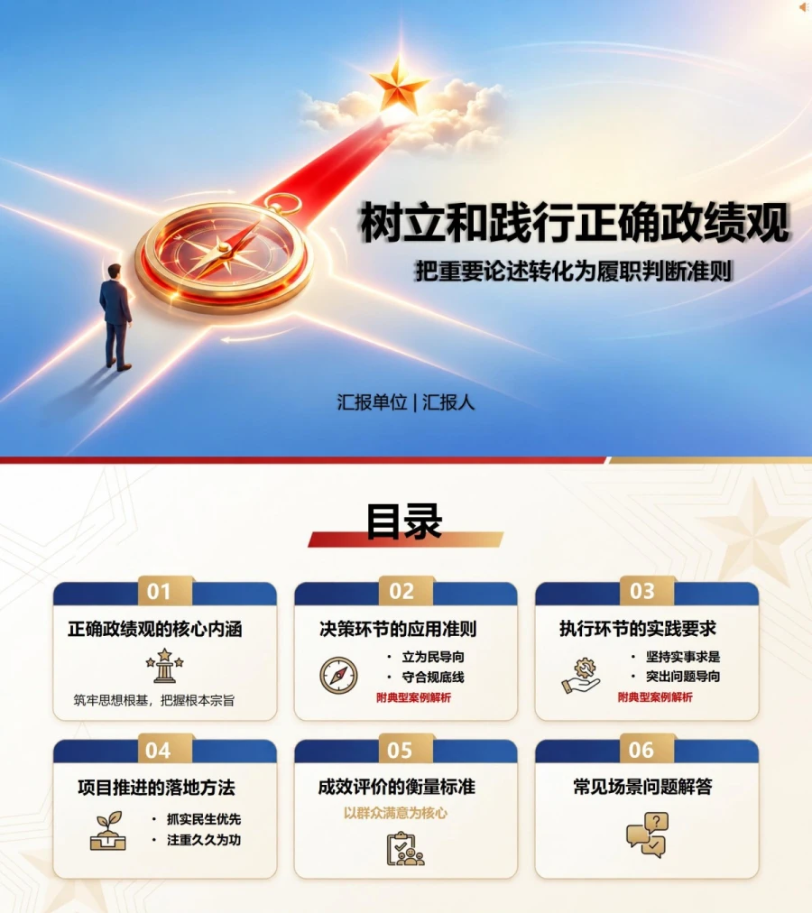 党员干部政绩观论述PPT：把重要论述转化为履职判断准则｜课件+讲稿封面图1
