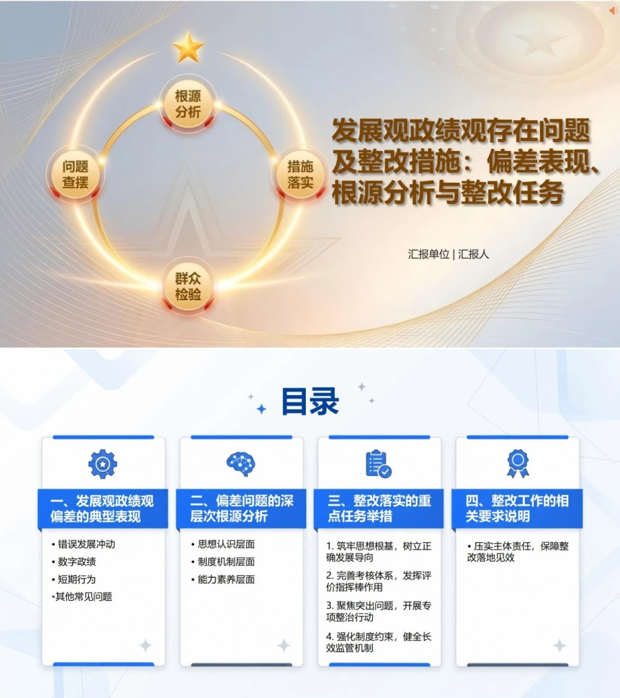 发展观政绩观存在问题及整改措施PPT：偏差表现根源分析和整改任务｜课件+讲稿封面图1