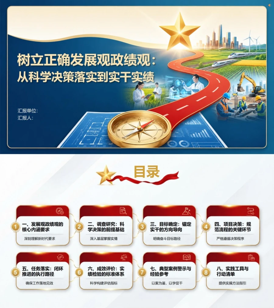 如何树立发展观政绩观PPT：从科学决策落实到实干实绩｜课件+讲稿封面图1