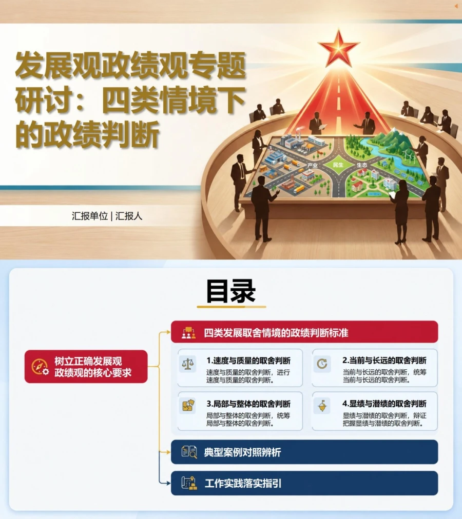 发展观政绩观专题研讨PPT：四类发展取舍情境中的政绩判断｜课件+讲稿封面图1