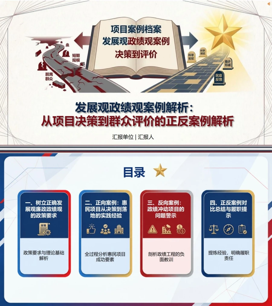 发展观政绩观案例PPT：从项目决策到群众评价的正反案例解析｜课件+讲稿封面图1