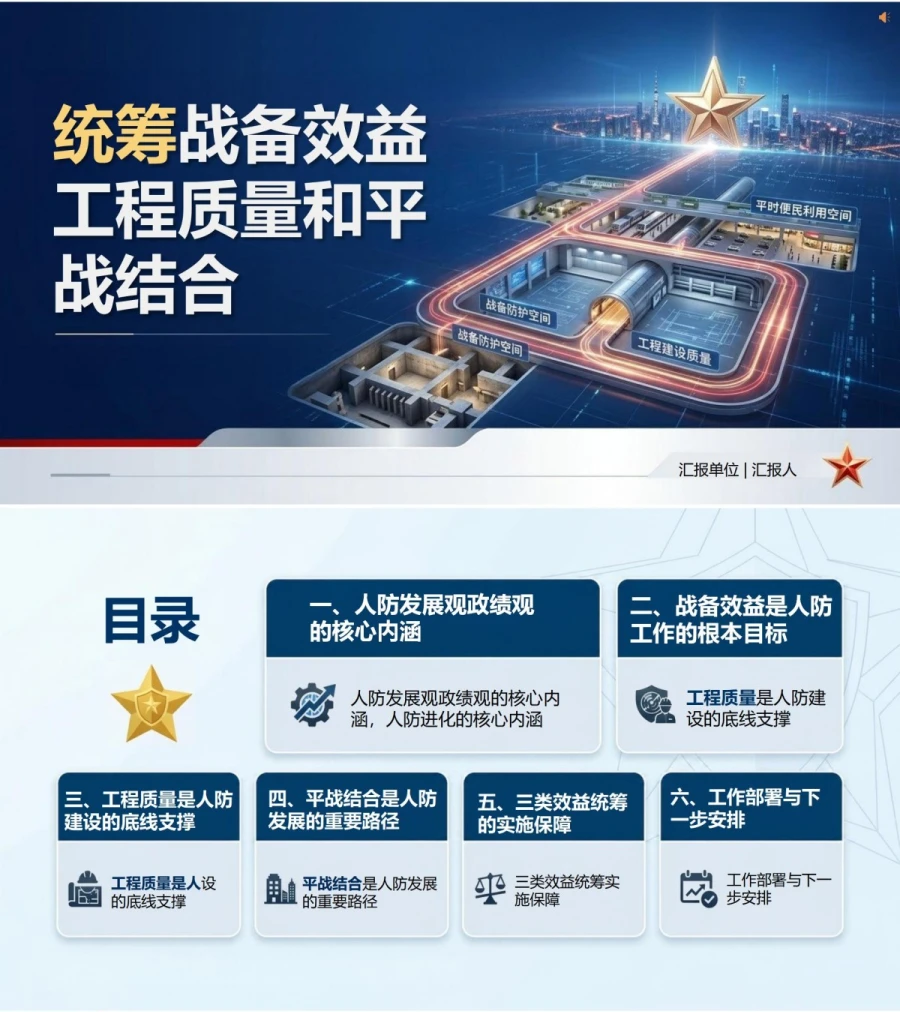 人防发展观政绩观PPT：统筹战备效益工程质量和平战结合｜课件+讲稿封面图1