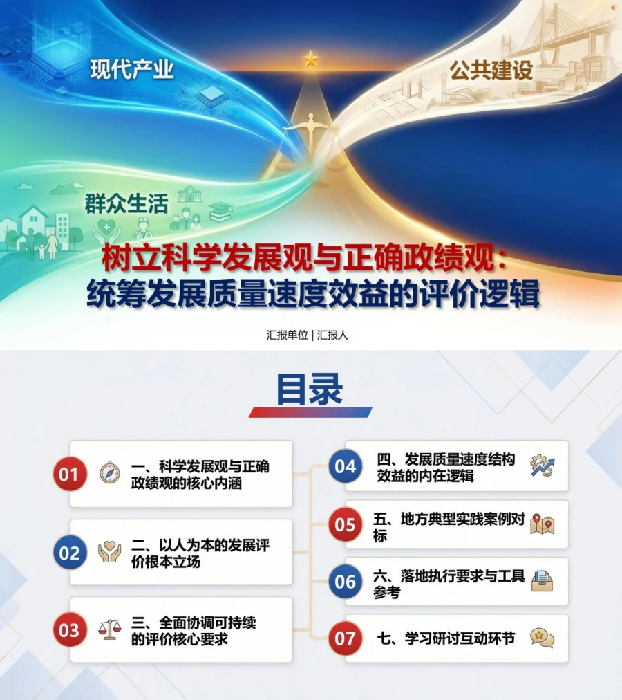 科学发展观政绩观PPT：统筹发展质量速度效益的评价逻辑｜课件+讲稿封面图1