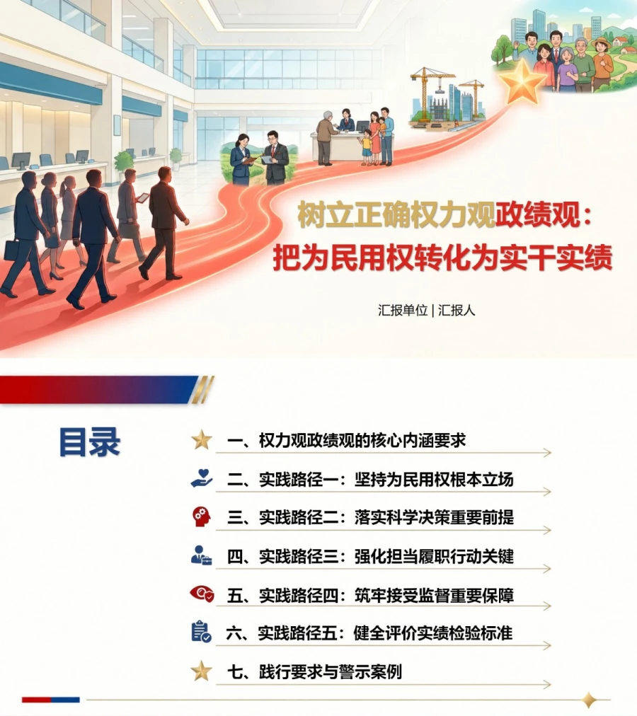 树立正确权力观政绩观PPT：把为民用权转化为实干实绩｜课件+讲稿封面图1