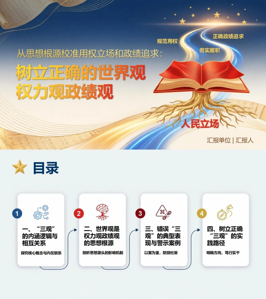世界观权力观政绩观PPT：从思想根源校准用权立场和政绩追求｜课件+讲稿封面图1