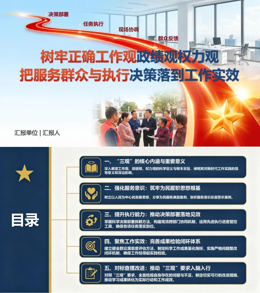 工作观政绩观权力观PPT：把服务群众和执行决策落到工作实效｜课件+讲稿封面图1