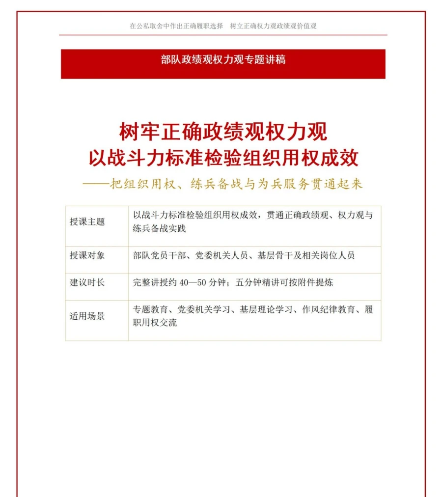 部队政绩观权力观PPT：以战斗力标准检验组织用权成效｜课件+讲稿讲稿预览1