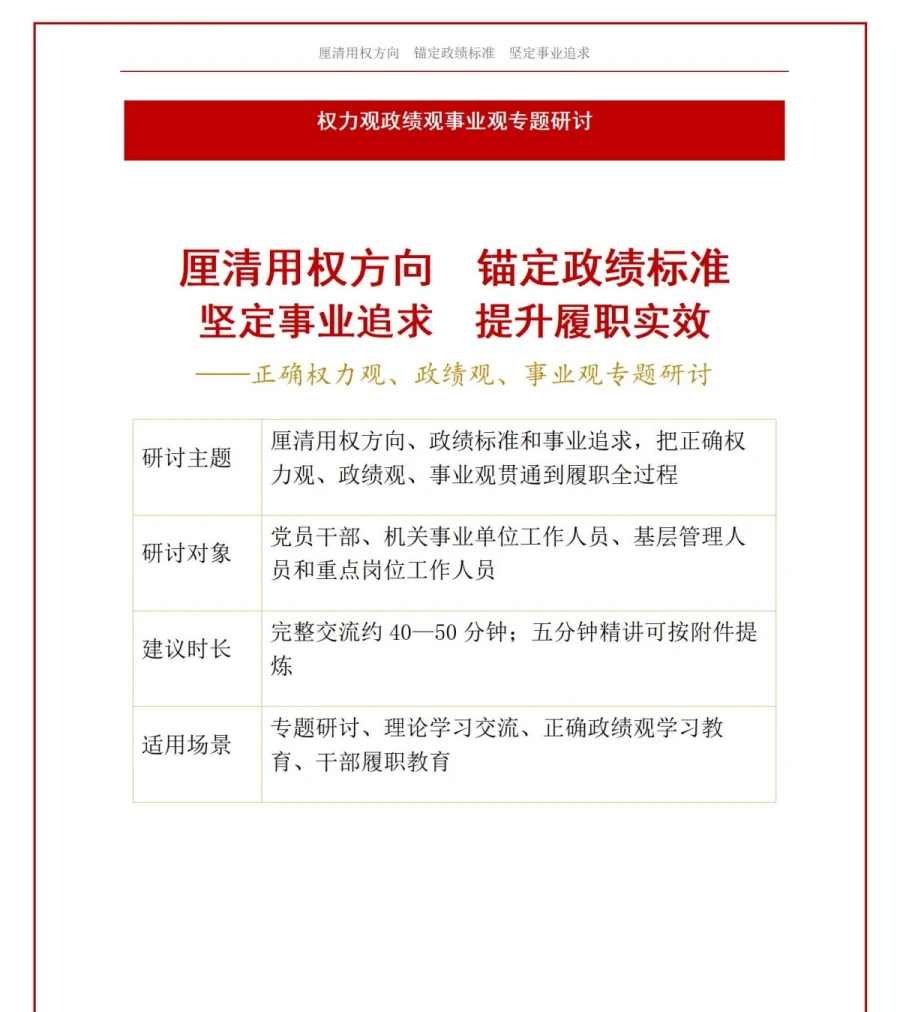 权力观政绩观专题研讨PPT：厘清用权方向政绩标准和事业追求｜课件+讲稿讲稿预览1