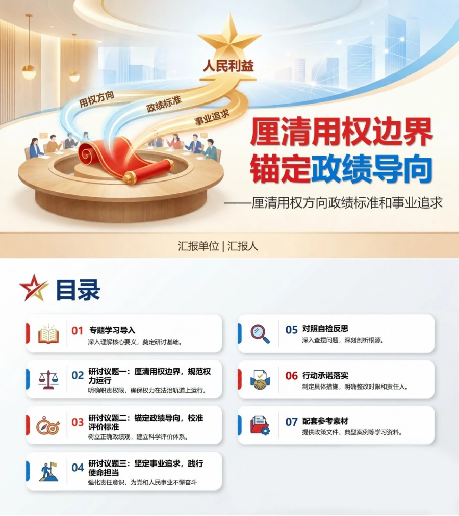 权力观政绩观专题研讨PPT：厘清用权方向政绩标准和事业追求｜课件+讲稿封面图1