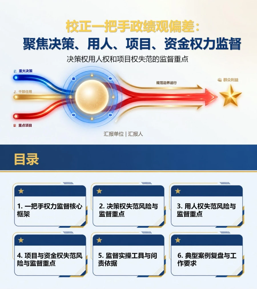 一把手政绩观出现偏差PPT：决策权用人权和项目权失范的监督重点｜课件+讲稿封面图1