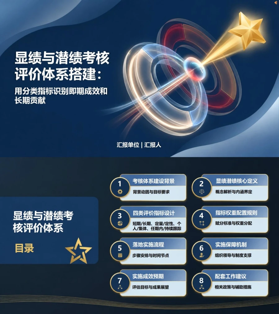 显绩与潜绩考核评价PPT：用分类指标识别即期成效和长期贡献｜课件+讲稿封面图1