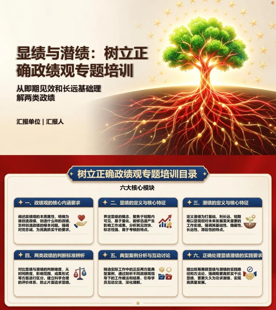 什么是显绩与潜绩PPT：从即期见效和长远基础理解两类政绩｜课件+讲稿封面图1