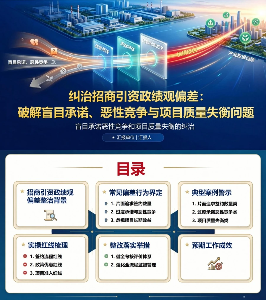 招商引资政绩观偏差PPT：盲目承诺恶性竞争和项目质量失衡的纠治｜课件+讲稿封面图1