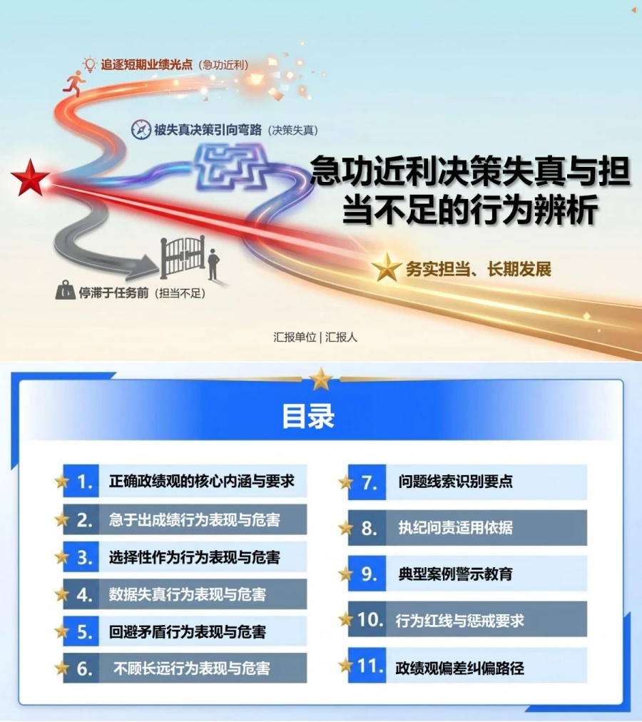 干部政绩观存在的问题PPT：急功近利决策失真与担当不足的行为辨析｜课件+讲稿封面图1