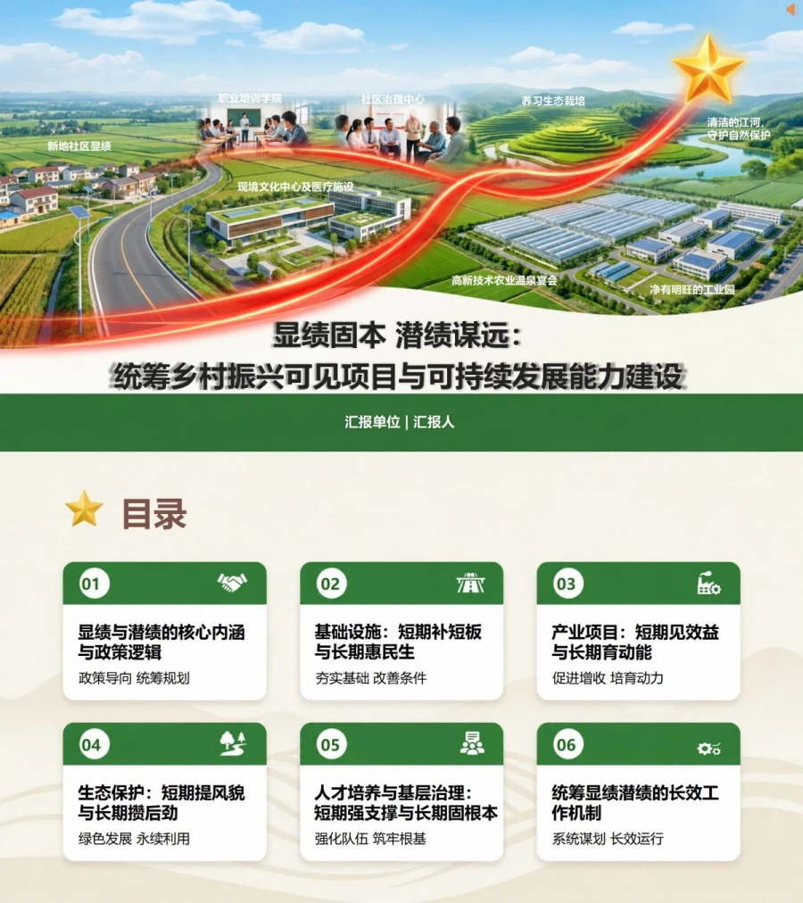 显绩与潜绩乡村振兴PPT：统筹可见项目和持续发展能力｜课件+讲稿封面图1