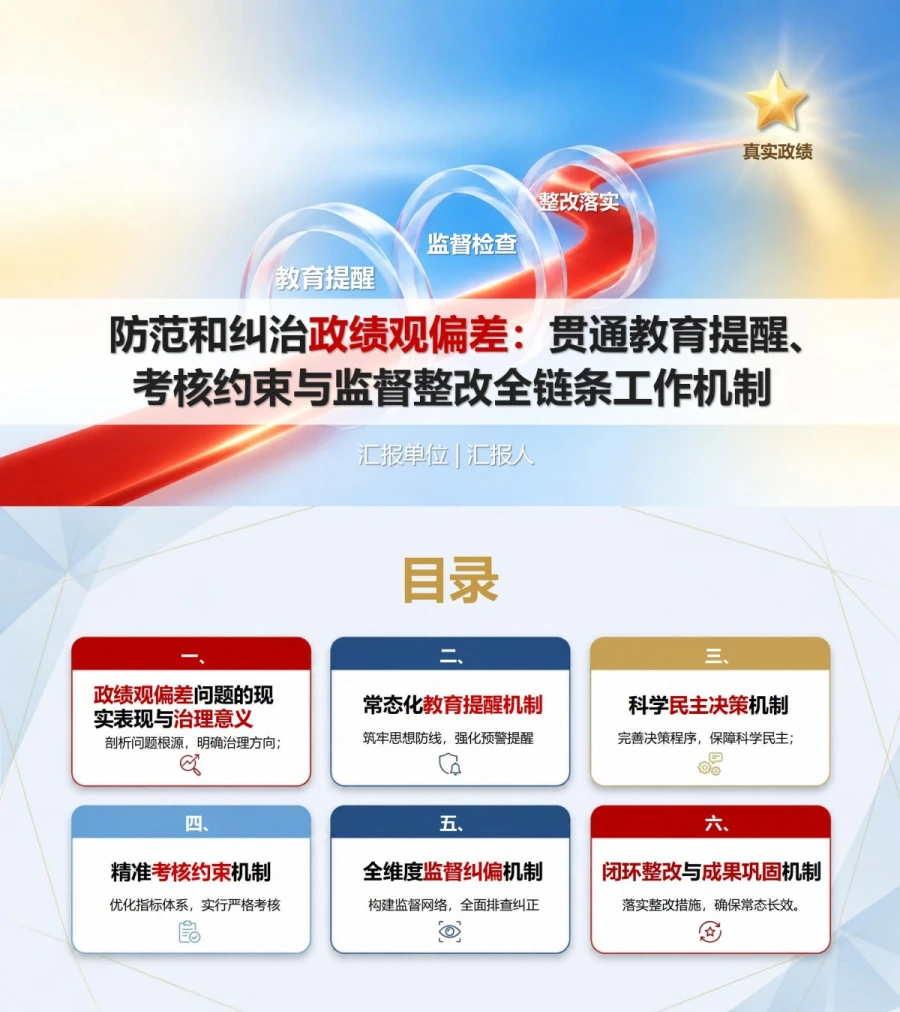 防范和纠治政绩观偏差PPT：贯通教育提醒考核约束和监督整改｜课件+讲稿封面图1