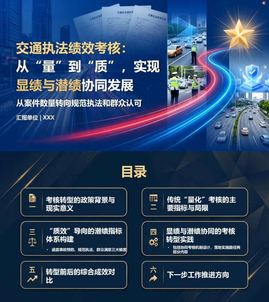 交通执法显绩与潜绩PPT：从案件数量转向规范执法和群众认可｜课件+讲稿封面图1