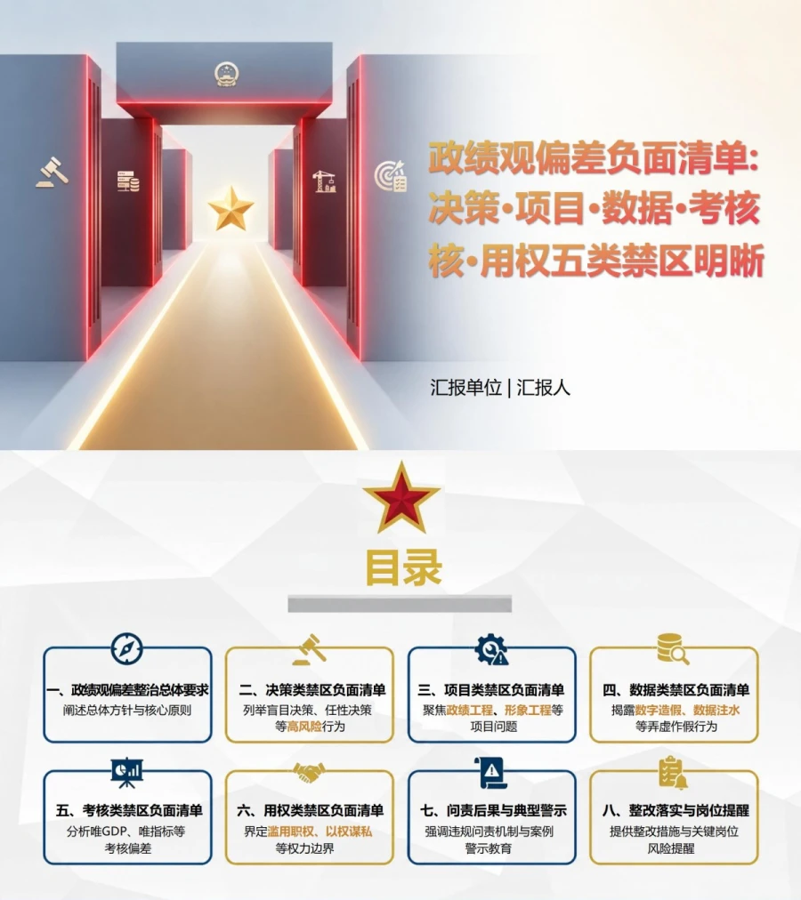 政绩观偏差负面清单PPT：决策项目数据考核和用权五类禁区｜课件+讲稿封面图1