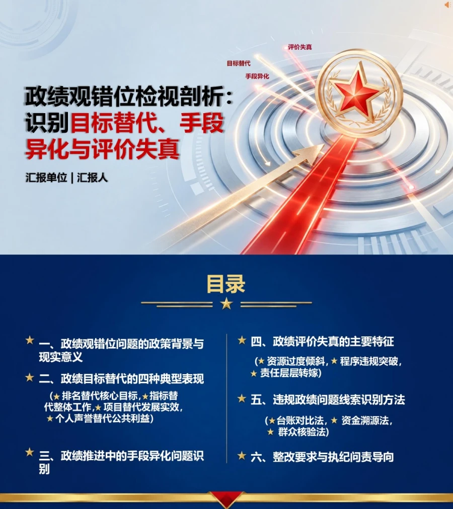 政绩观错位检视剖析PPT：识别目标替代手段异化和评价失真｜课件+讲稿封面图1