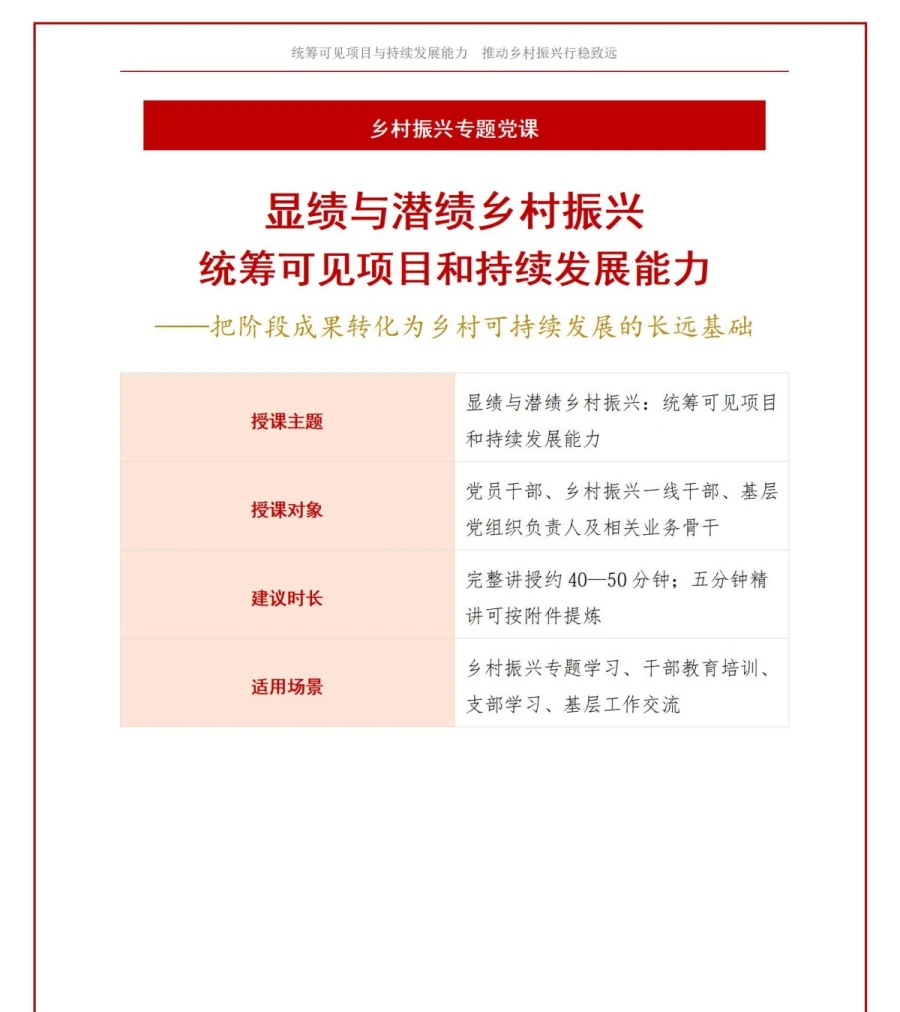 显绩与潜绩乡村振兴PPT：统筹可见项目和持续发展能力｜课件+讲稿讲稿预览1