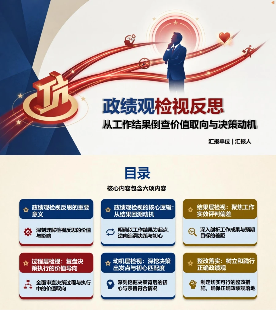 政绩观检视反思PPT：从工作结果倒查价值取向和决策动机｜课件+讲稿封面图1