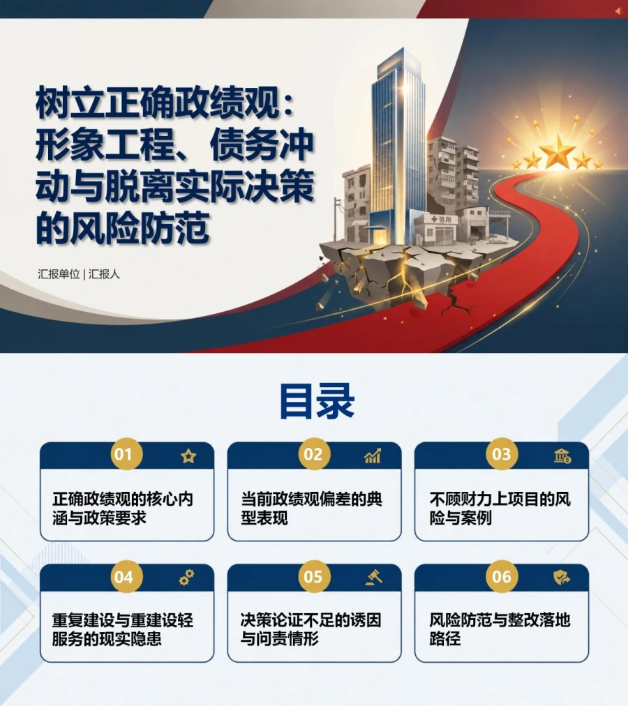 政府政绩观存在的问题PPT：形象工程债务冲动与脱离实际决策的风险防范｜课件+讲稿封面图1