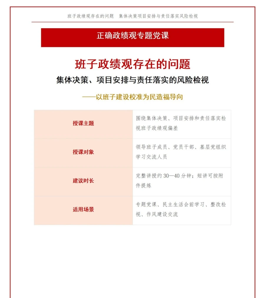 班子政绩观存在的问题PPT：集体决策项目安排与责任落实的风险检视｜课件+讲稿讲稿预览1