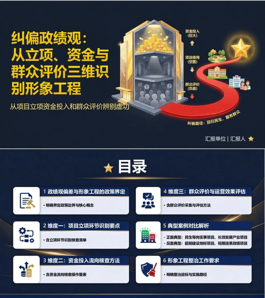 形象工程政绩观偏差PPT：从项目立项资金投入和群众评价辨别虚功｜课件+讲稿封面图1