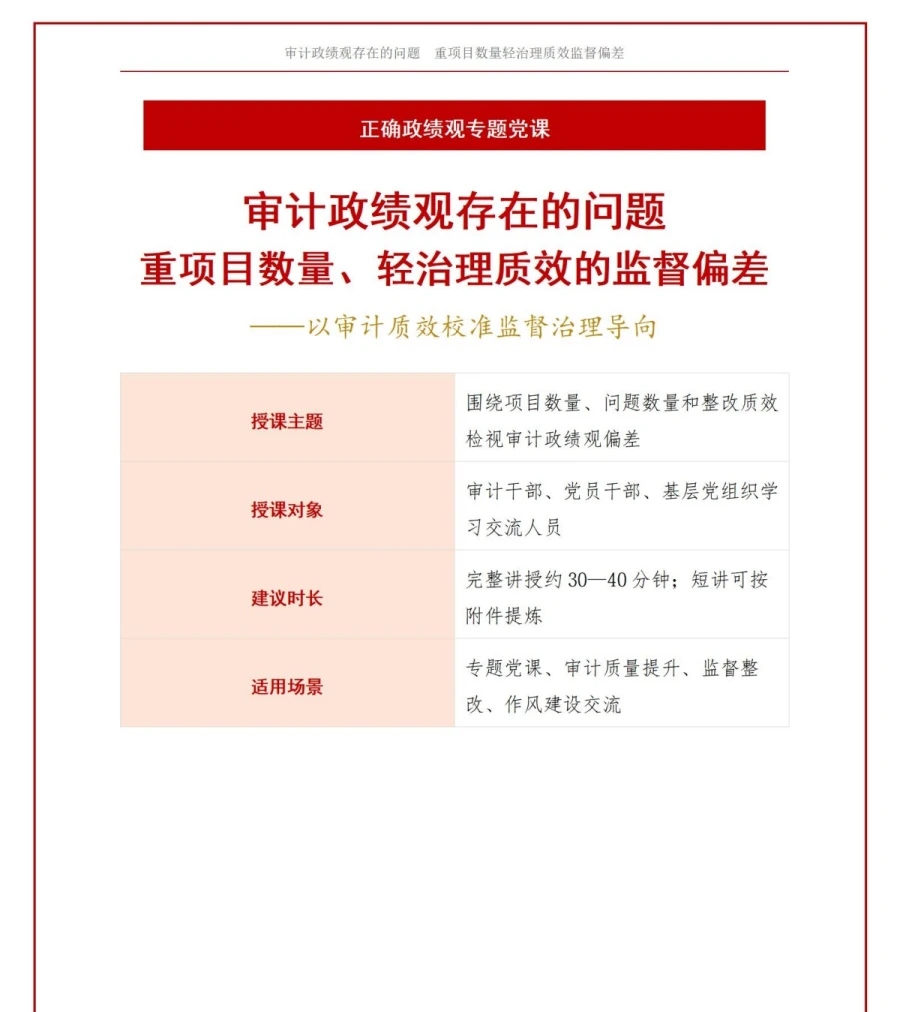 审计政绩观存在的问题PPT：重项目数量轻治理质效的监督偏差｜课件+讲稿讲稿预览1