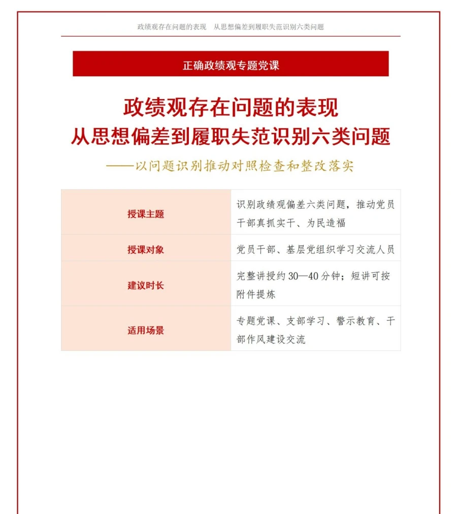 政绩观存在问题的表现PPT：从思想偏差到履职失范识别六类问题｜课件+讲稿讲稿预览1