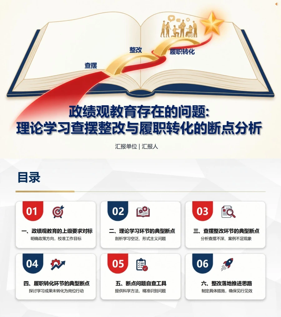 政绩观教育存在的问题PPT：理论学习查摆整改与履职转化的断点分析｜课件+讲稿封面图1