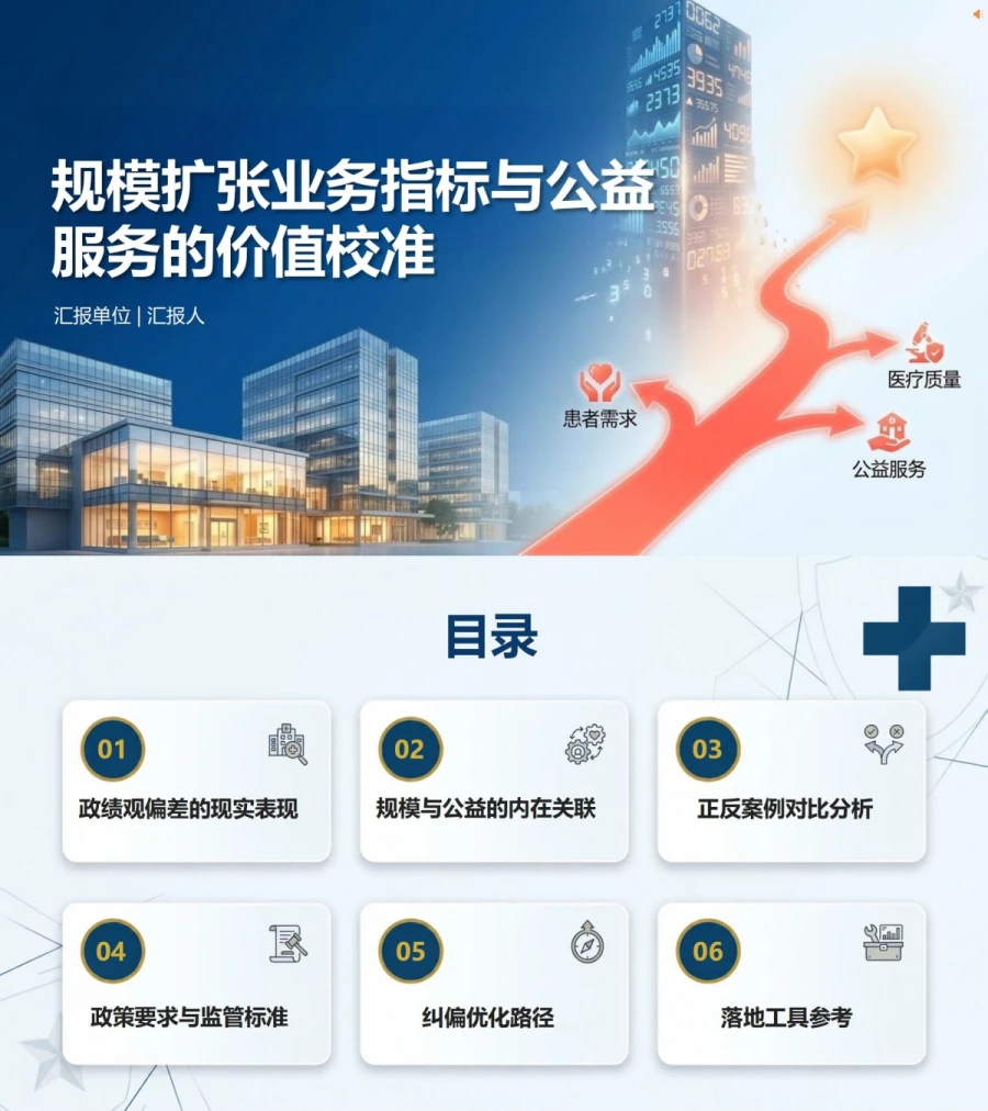 医院政绩观存在的问题PPT：规模扩张业务指标与公益服务的价值校准｜课件+讲稿封面图1