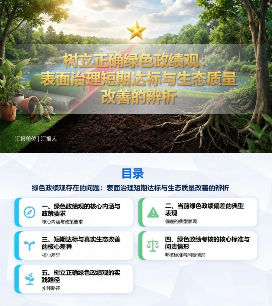 绿色政绩观存在的问题PPT：表面治理短期达标与生态质量改善的辨析｜课件+讲稿封面图1