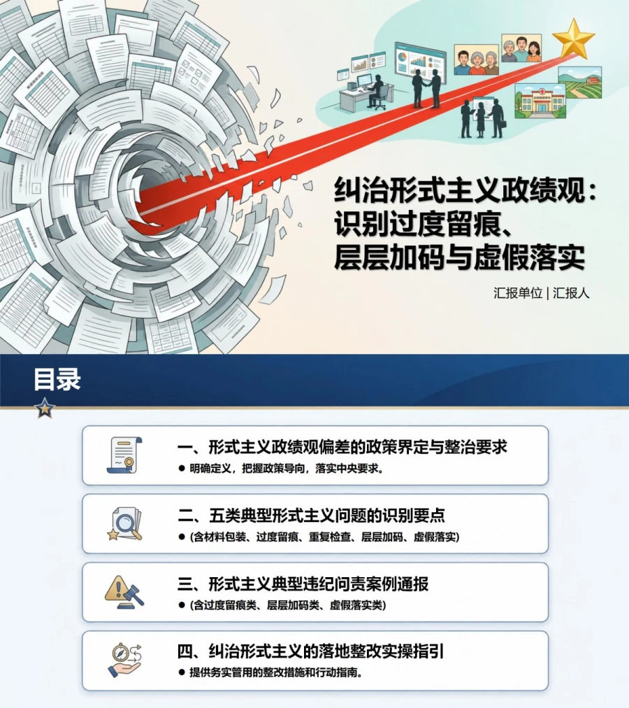 形式主义政绩观偏差PPT：识别过度留痕层层加码和虚假落实｜课件+讲稿封面图1