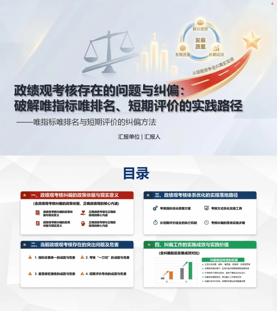 政绩观考核存在的问题PPT：唯指标唯排名与短期评价的纠偏方法｜课件+讲稿封面图1