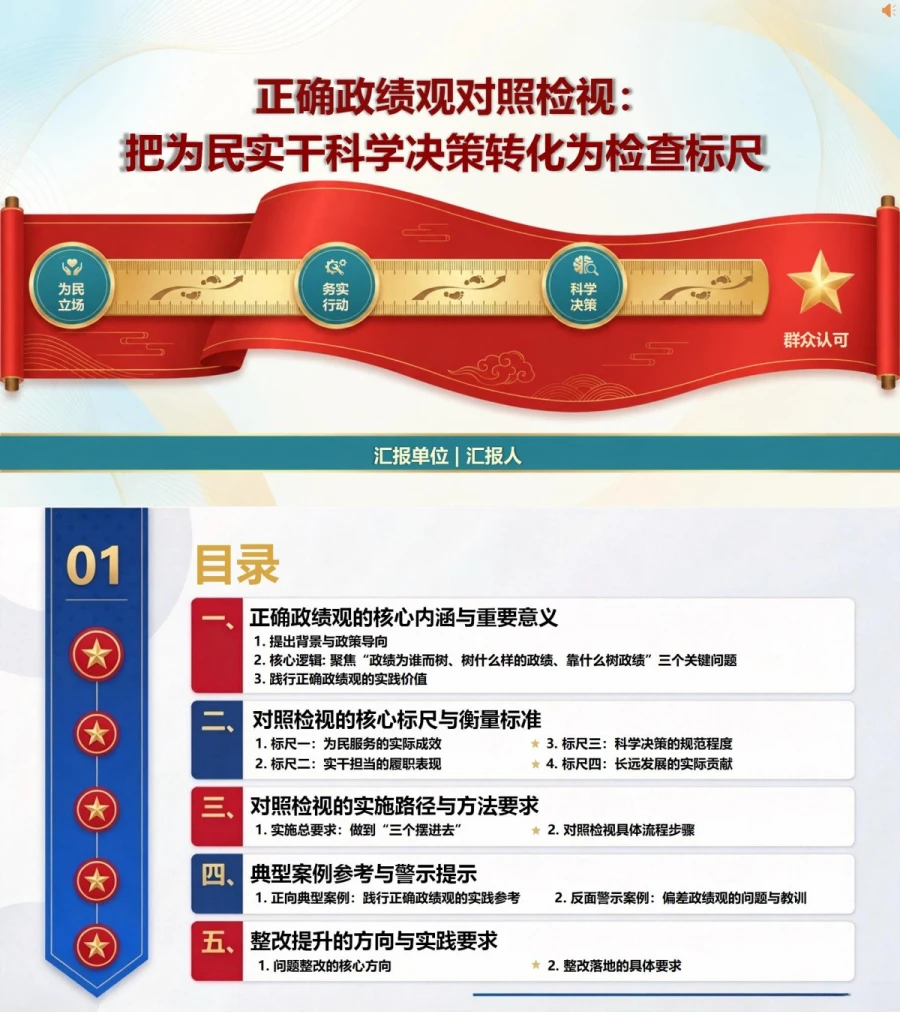 正确政绩观对照检视PPT：把为民实干科学决策转化为检查标尺｜课件+讲稿封面图1