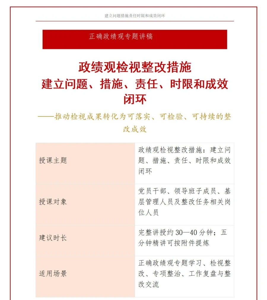 政绩观检视整改措施PPT：建立问题措施责任时限和成效闭环｜课件+讲稿讲稿预览1